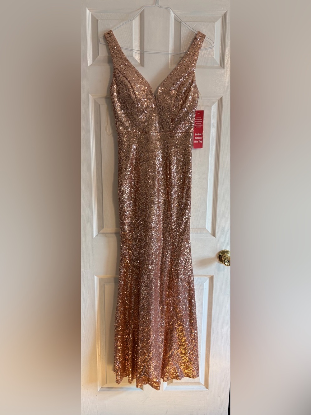 Crystal Doll Rose Gold Sequin Formal Dress Prom Gown Maxi V-Neck Womens Size 5